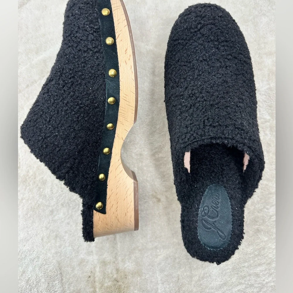 ⛔️SOLD⛔️J. Crew Black Sherpa Wooden Clogs Round Toe Mules Slip ons Size 8.5 - Picture 8 of 9